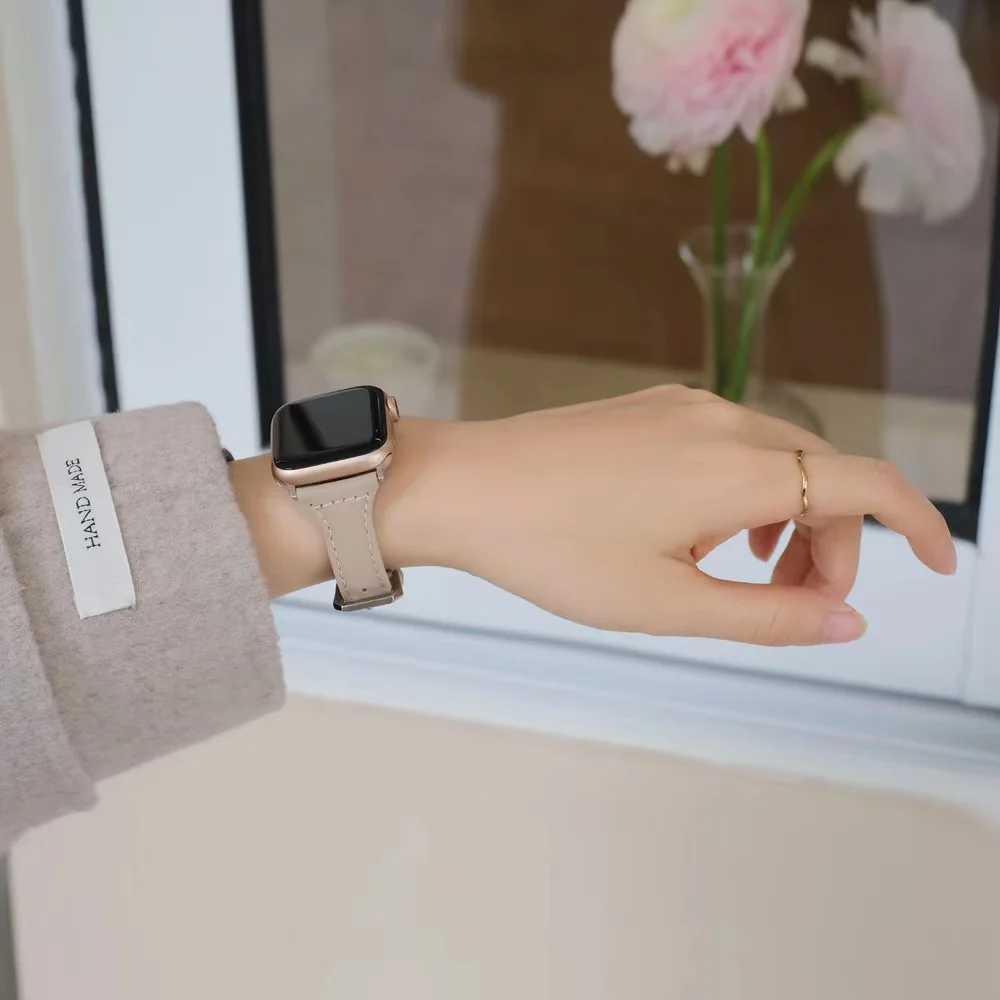 Leather Strap for Apple Watch 7 8 41/45mm 38/42mm Thin Slim Wristband for iWatch Band Ultra 49mm 40/44mm SE 6 5 4 3 2 1