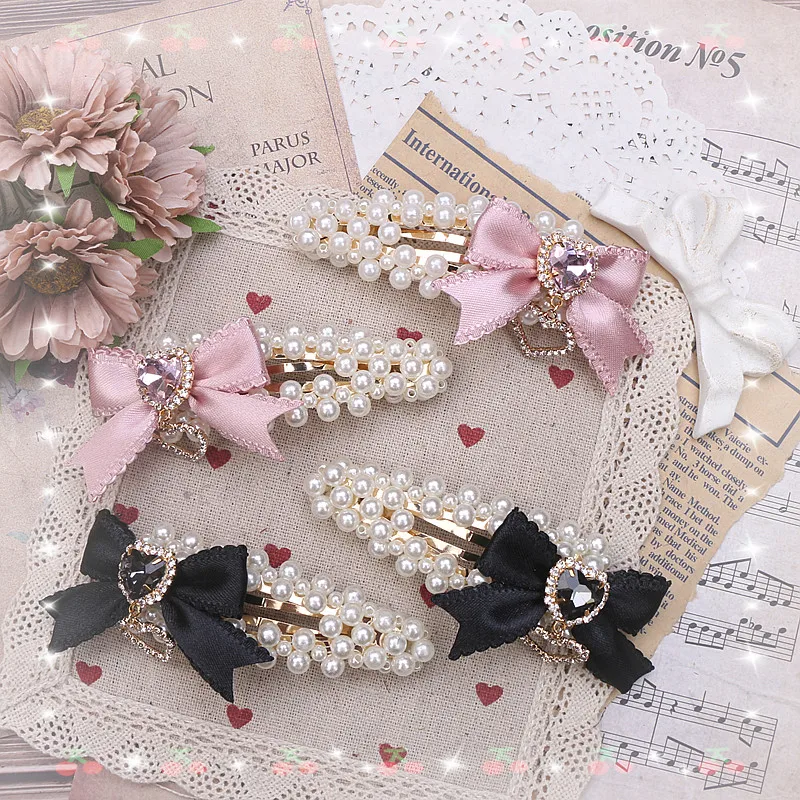 

Japanese Sweet Cute Pearl Bow Hair Clips Lolita Rhinestone Love Hair Clip Hair Accessories for Women