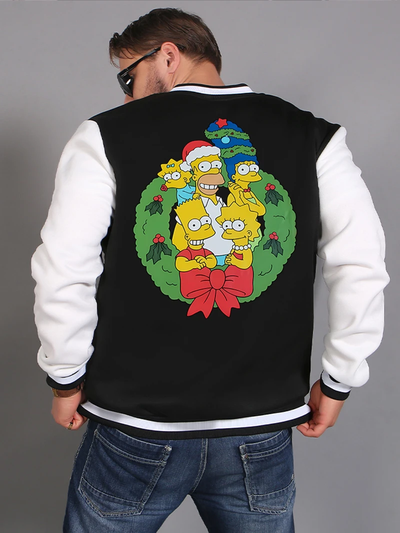 

The Simpsons Men's Baseball Jacket with Christmas Family Photo Print Pattern Men's Casual Color-blocked Baseball Jacket Jacket