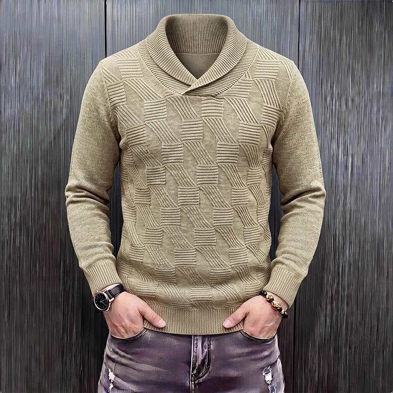 Men's Shawl Collar Textured Knit Sweater, Geometric Embossed Pattern Long Sleeve Soft Warm Casual Pullover Knitted Jumper