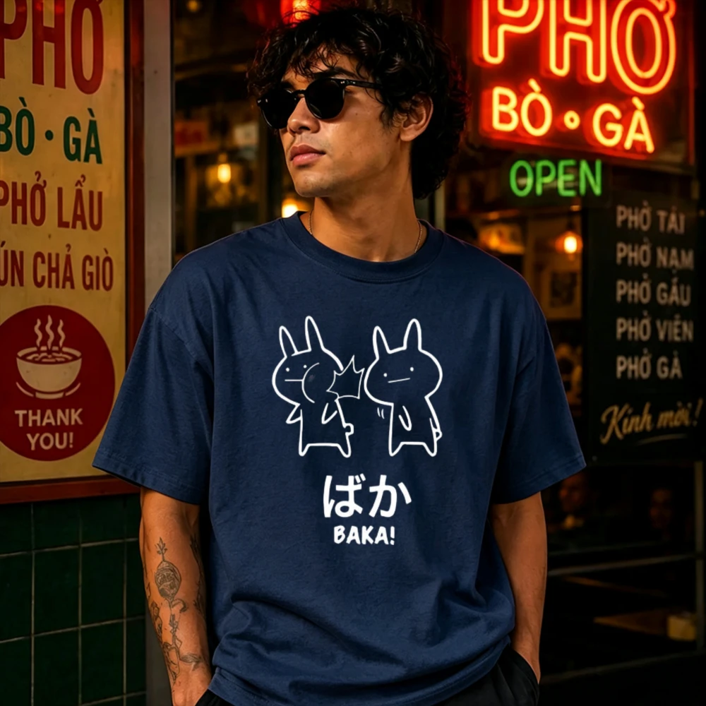 Hand Drawn Two Rabbits BAKA Japanese Hiragana Funny Meme T Shirt Navy Blue Cotton Anime Streetwear Loose Fit Unisex Daily Tees