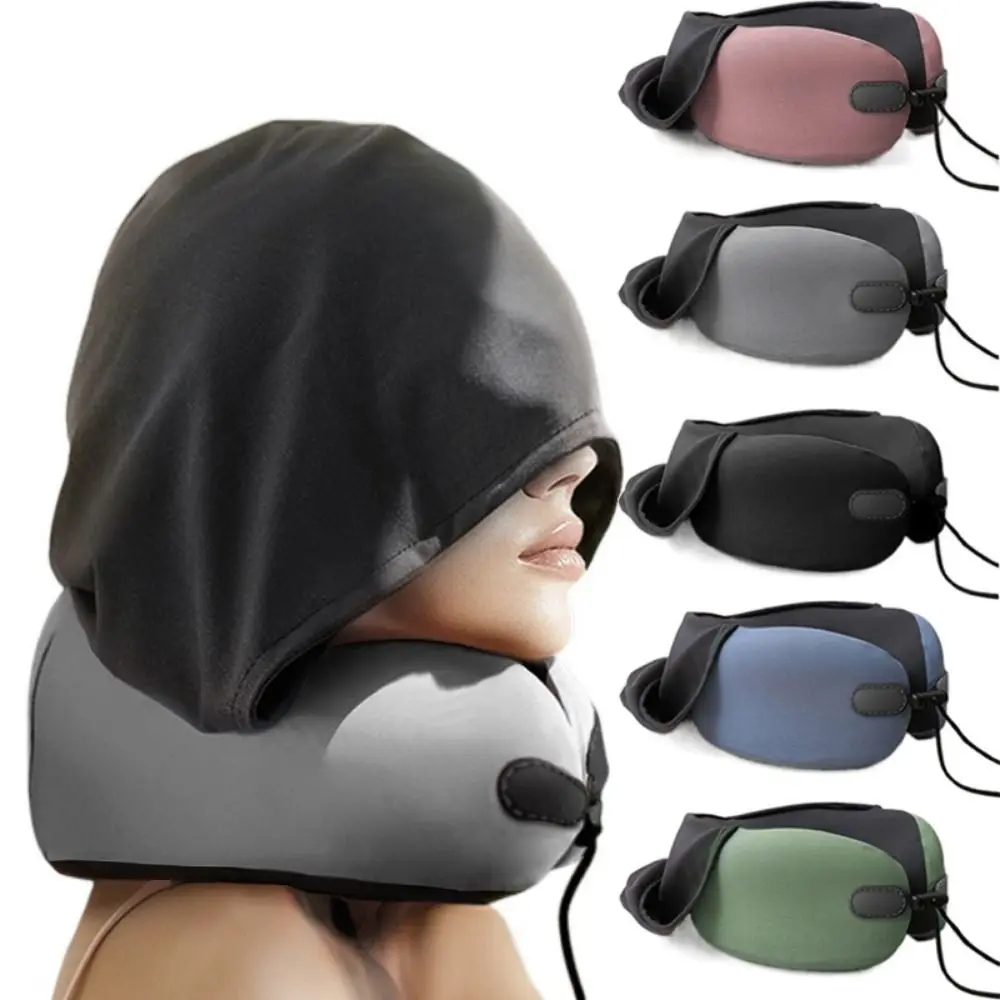 Foldable Hooded U-shaped Pillow Comfortable Shading Hat Neck Pillow with Cap Detachable with Storage Bag