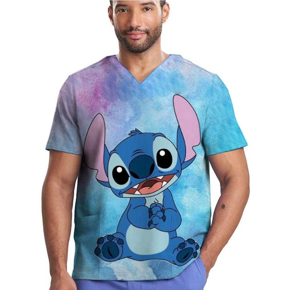 Disney Stitch print Wholesale Clinic Hospital Doctor Overalls Men's Scrubs Medical Uniform V-neck Fashion Scrub Pharmacy Nurse