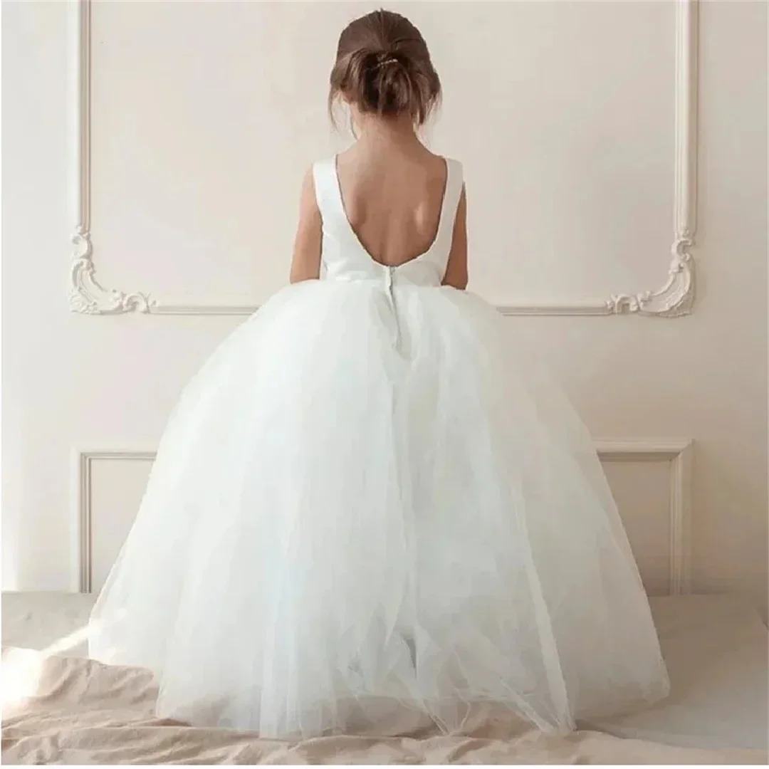 Flower Girls Satin Tulle Princess Pageant Dress for Wedding Kids Pearls Prom Ball Gowns with Bow-Knot Flower Girl Dresses