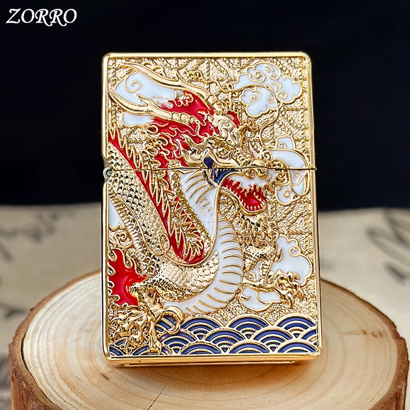 Zorro Embossed Dragon Kerosene Lighter Personalized Creative Floral Design Vintage Brass Lighter High-grade Gift