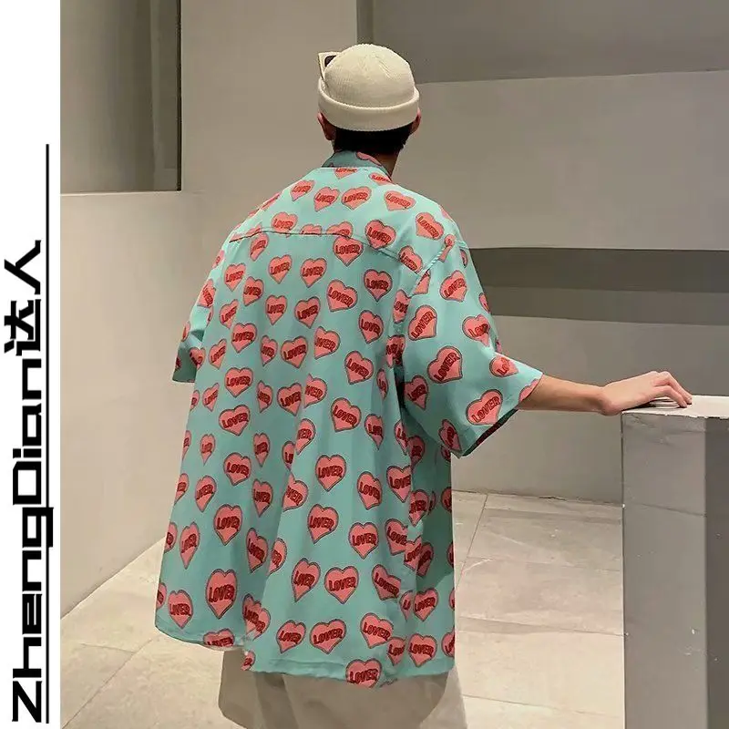 Overhemd Met Volledige Print Heren Zomerdesign Shirt Met Korte Mouwen, Japanse Hong Kong-Stijl, Trend Ins Knappe Jas Met Vijf Mouwen Voor Heren