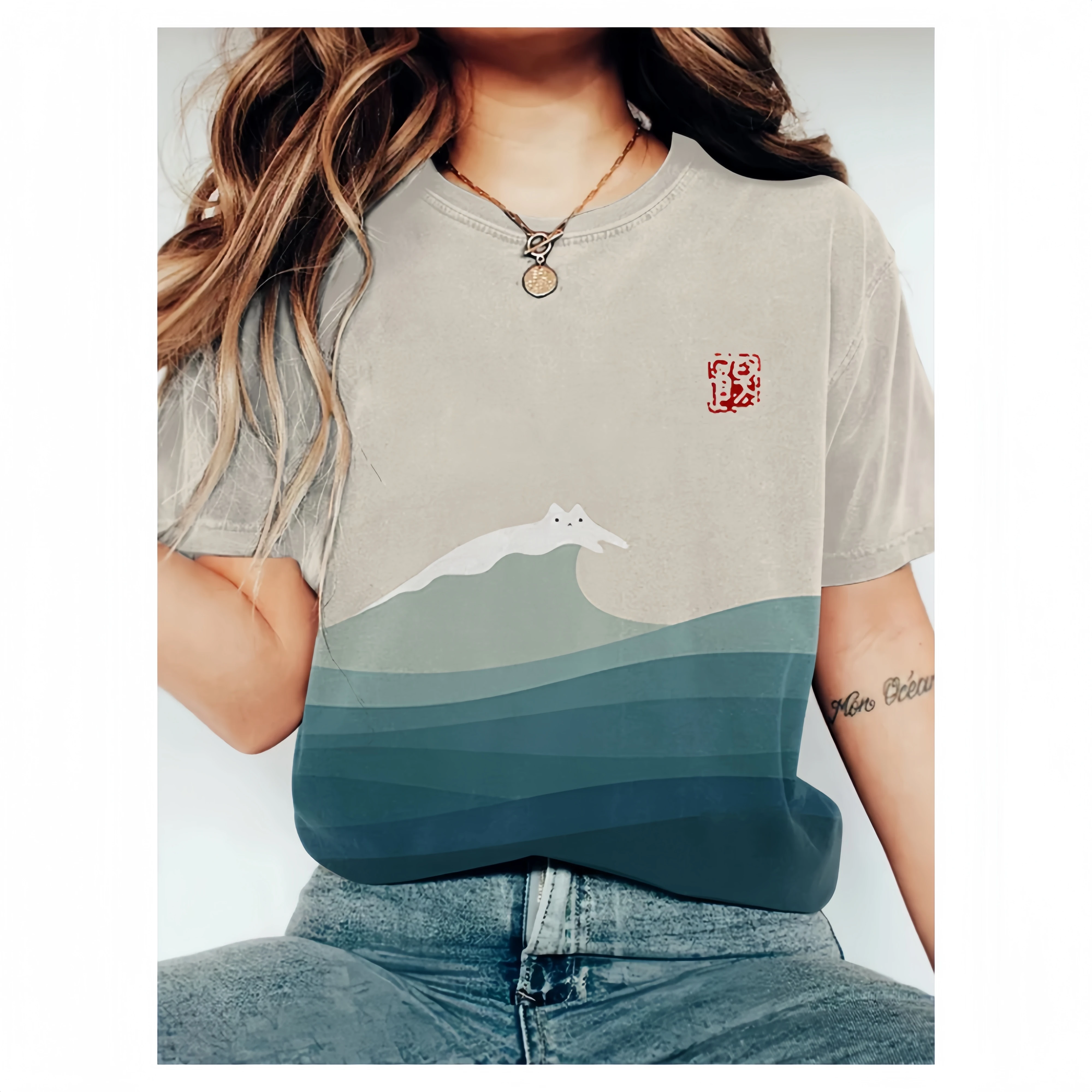 Women O Neck Short Sleeved T-Shirt Abstract Creative The Great Waves Cat Painting Art