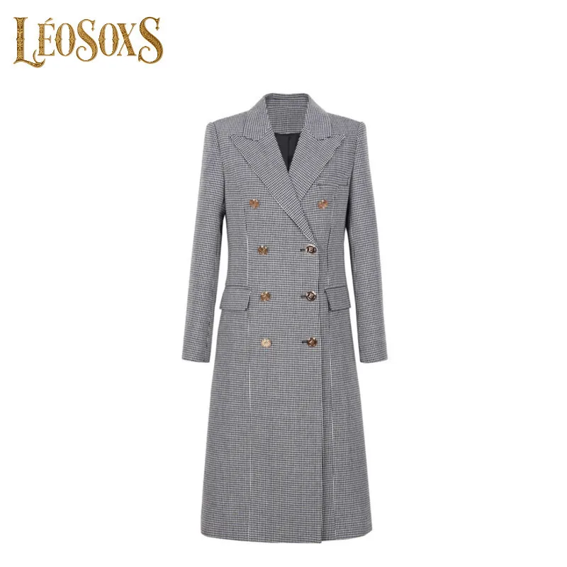 

LEOSOXS Black White Plaid Women's Trench Coats Double-breasted Long Jackets Elegant High Quality Windbreakers Suit Coat 2025