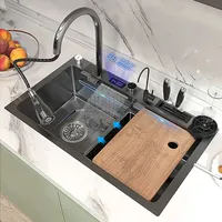 304 Stainless Steel Kitchen Waterfall Sink Digital Display Large Single Sink Dish Basin Sink With Multifunction Touch Waterfall