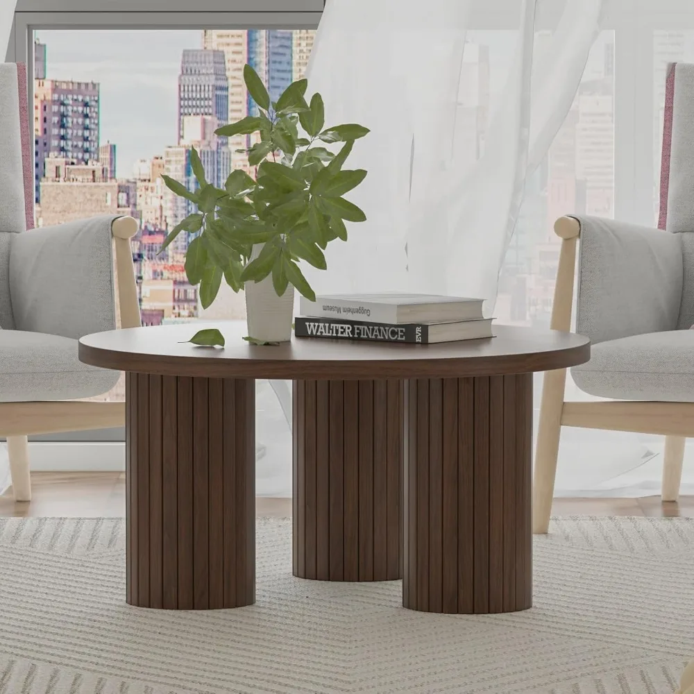 Table basse ronde de 31,5 pouces, table de salon ronde en bois avec trois pieds cannelés, table basse moderne du milieu du siècle, adaptée