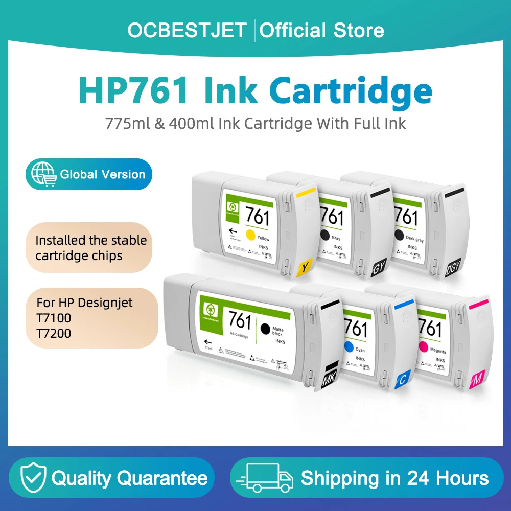 

For HP 761 Ink Cartridge With Full Pigment & Dye Ink HP761 For HP Designjet T7100 T7200 Printer MBK-775ML C/M/Y/GY/DGY-400ML