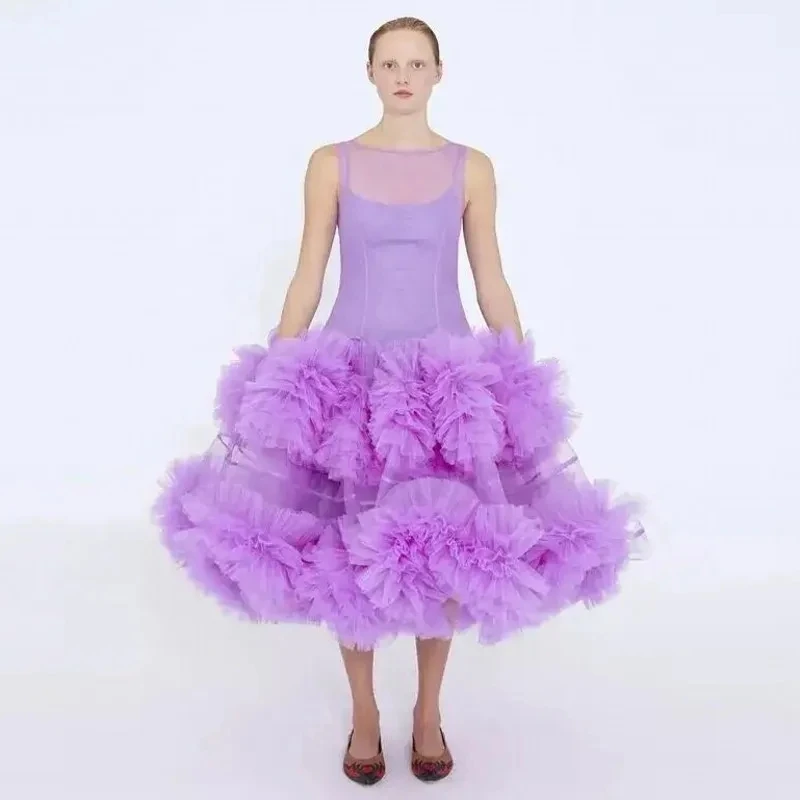 Vestidos largos Lavender Prom Gowns Tulle Tierred Ankle Length Long Sheer Party Dresses Ball Gown Candy Color Tutu Dresses Women