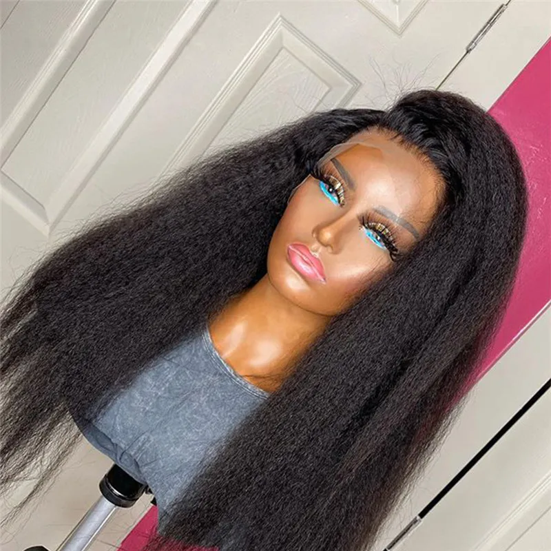 Lembut Tanpa Lem 180 Kepadatan Yaki 26 "Panjang Alami Hitam Keriting Lurus Renda Depan Wig untuk Wanita Afrika Babyhair Dipetik Setiap Hari