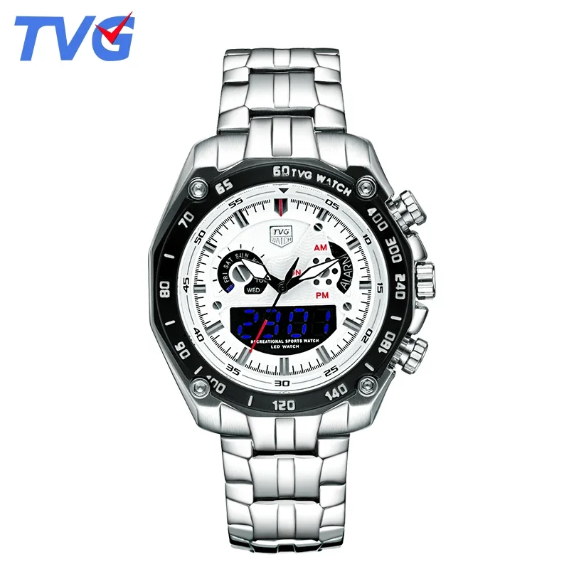 Men Watch Stainless Steel Japan Quartz Wirstwatch Dual Movement LED Display Sport Waterproof 5 BAR Military Male Clock TVG3168