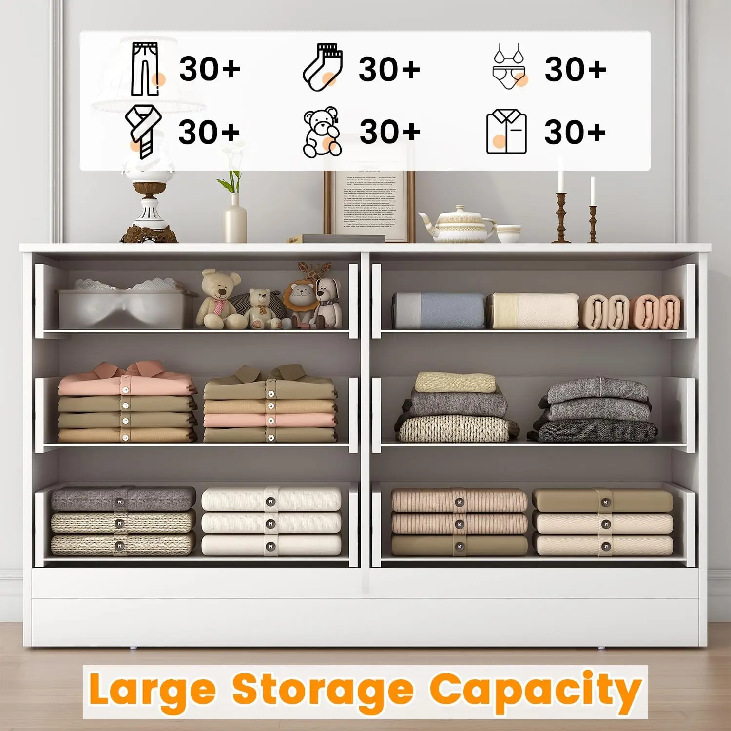 깊은 서랍이 있는 흰색 6단 서랍장 – 대형 수납 정리함