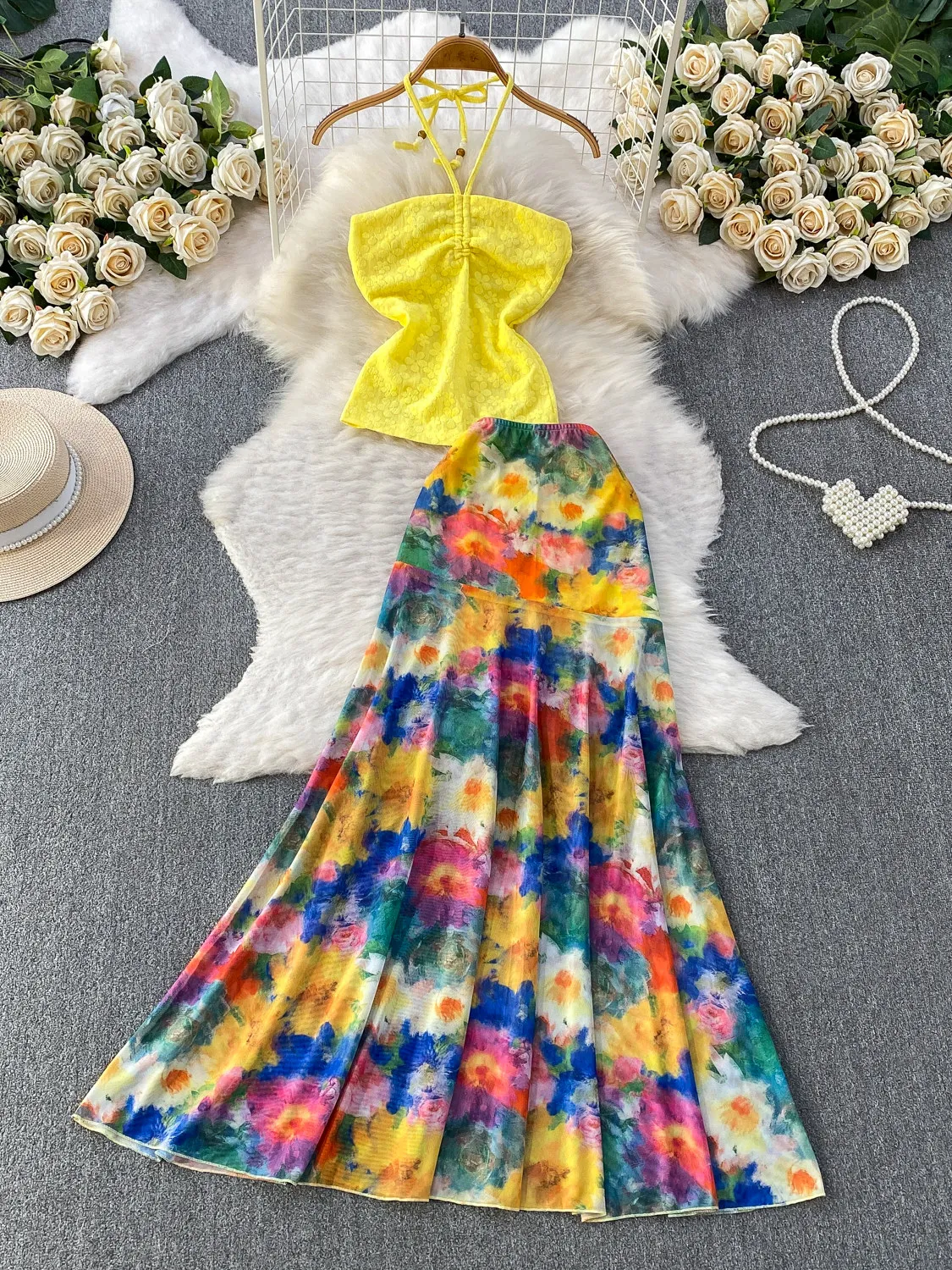 

Woman Yellow Small Flower Strapless Halter Top Versatile Romantic Oil Painting Style Printed Mesh Midi Skirt Women Skirt Set