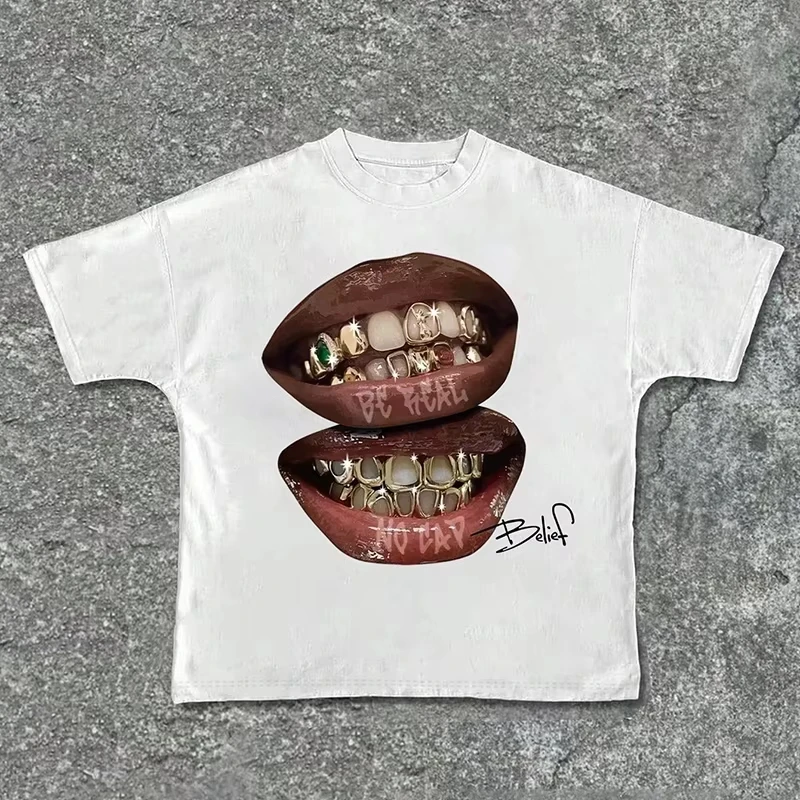 Image of Gothic Casual Sommer-T-Shirt mit kurzen Ärmeln und Harajuku-Musterdruck, einzigartige Lippen, goldene Zähne, Retro-T-Shirt, Rock-Stil