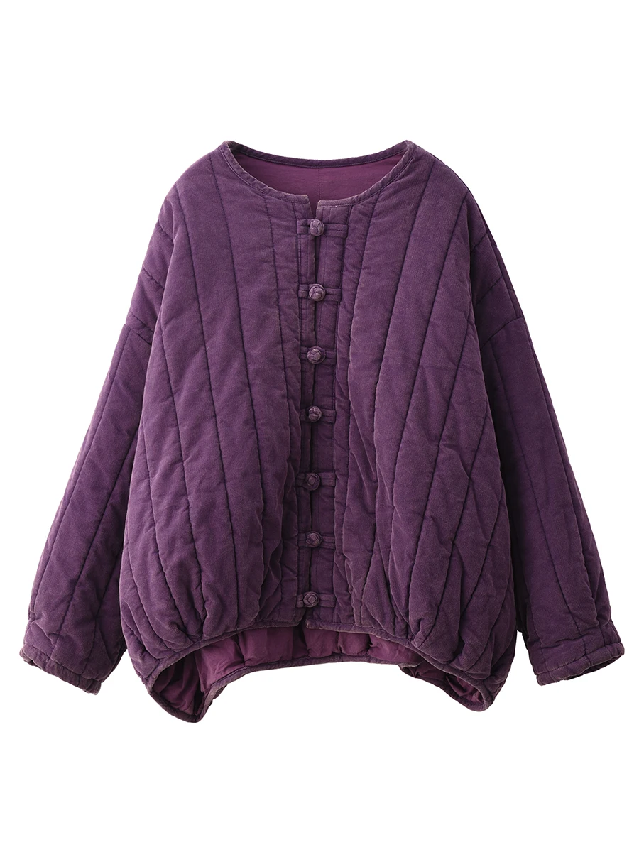 100% хлопок, женские повседневные стеганые пальто, новинка 2025 года, зима, винтажный стиль, с круглым вырезом, однотонные свободные женские толстые теплые куртки M2099