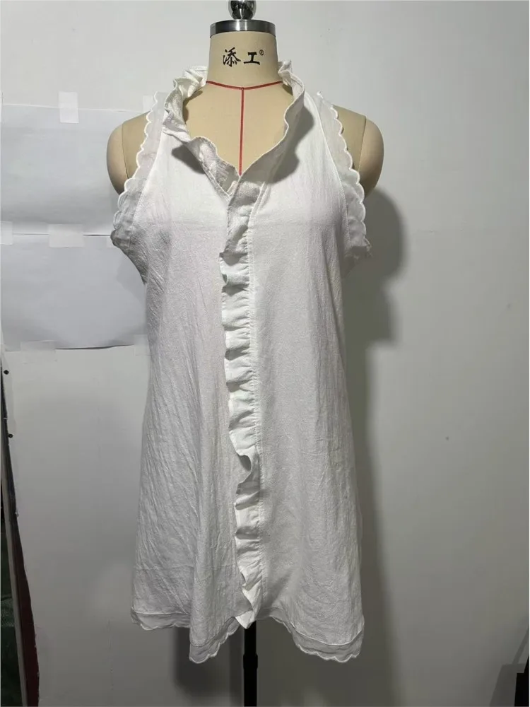 Summer New Casual Cotton And Linen White Dress Women V Neck Ruffles Sleeveless Elegant Boho Beach Party Mini Dresses Female Robe