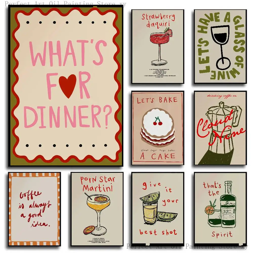 Retro Kitchen Coffee Latte Cocktail Fashion Poster Self-adhesive Art Room Entrance Restaurant Wall Decor Art Painting