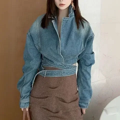 Blue Washed Retro Denim Jacket for Women New Style Loose and Unique High Street Short Top Trendy Wearing Outside XQ454