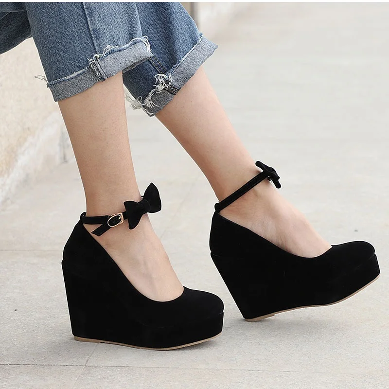 Women\'s High Heels Shoes Plus Size Platform Wedges Pumps for Woman Flock Buckle Bowtie Red Ankle Strap Wedding Shoes Round Head