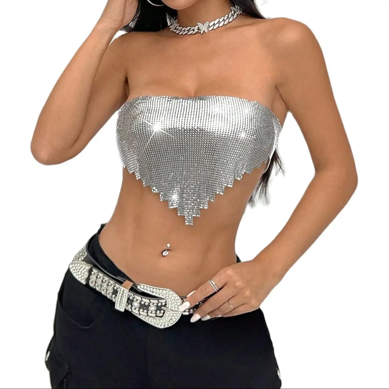 

Metal Sequins Camis Summer Women Backless Crop Top Rave Metal Chain Tank Top Music Festival Carnival Tops