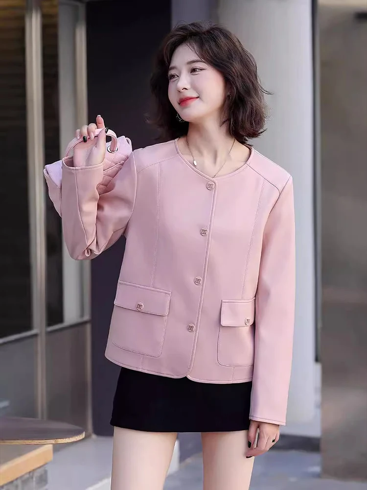 Fashion O-Neck Long Sleeve Temperament Short Style Leather Jacket New Women Spring Autumn Elegant Casual Slim Short Coat