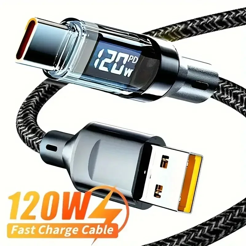 120W USBC Fast Charging Cable with LED Display Digital Data Cord for Samsung/Xiaomi , TypeC Power Meter Charger Accessories