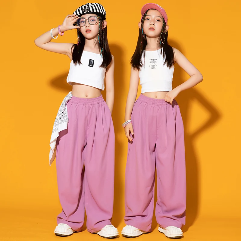 

Kpop Outift Girls Jazz Dance Costume Summer Sleeveless Crop Tops Pink Loose Trousers Children Hip Hop Dancing Clothes YS3900