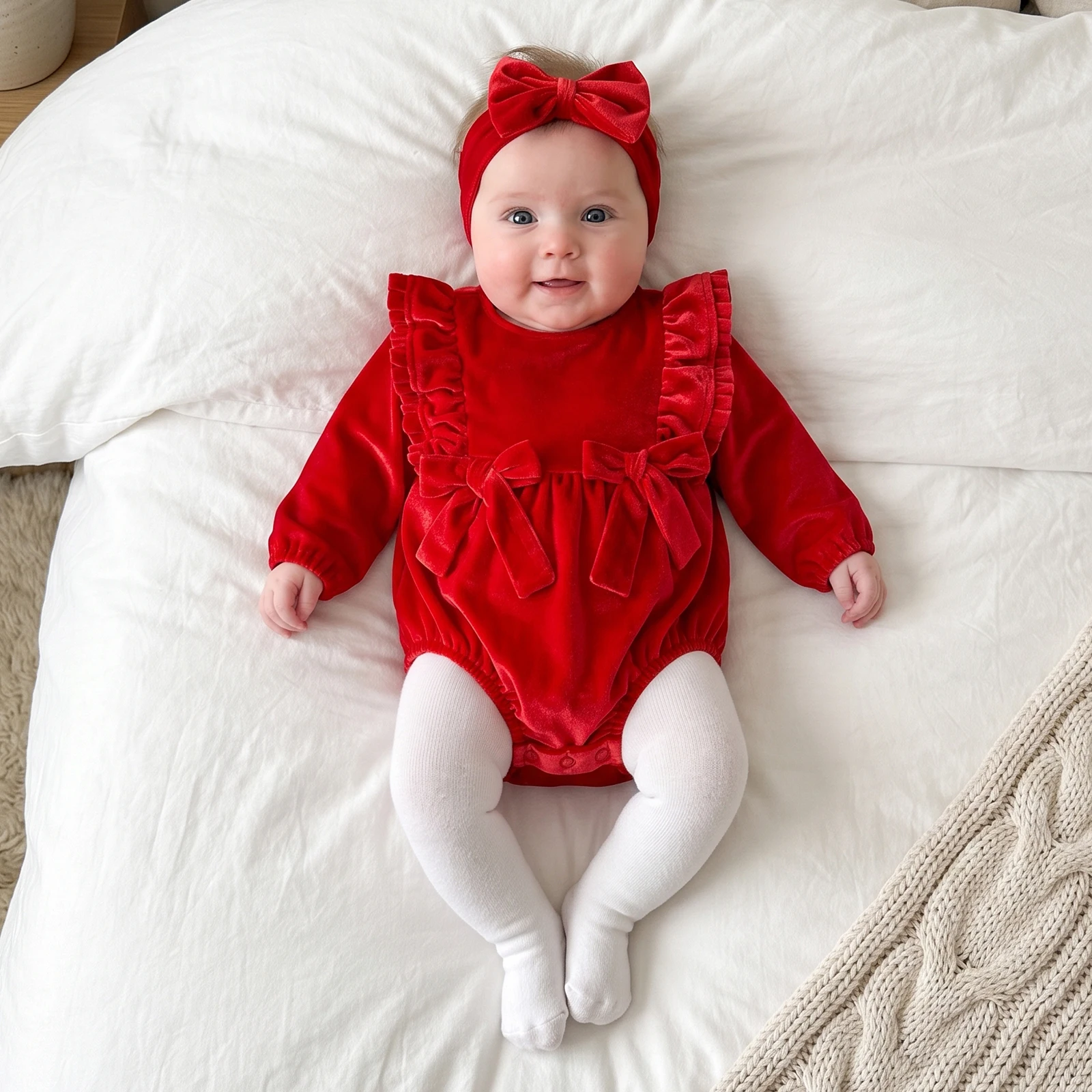 Baby Girl Velvet Romper Ruffle Sleeve Bow Front Long Sleeve Bodysuit with Headband Newborn Christmas Party Outfit Clothes