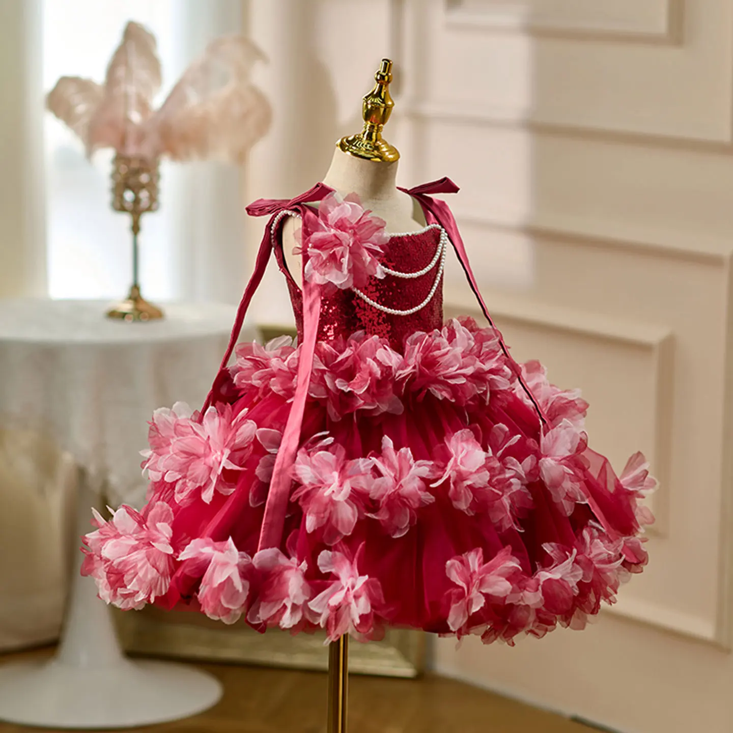 فستان Jill Wish J428 باللون العنابي لفتاة الزهور بدون أكمام بطول الركبة للأميرة للأطفال لحفلات الزفاف وأعياد الميلاد وحفلات رسمية