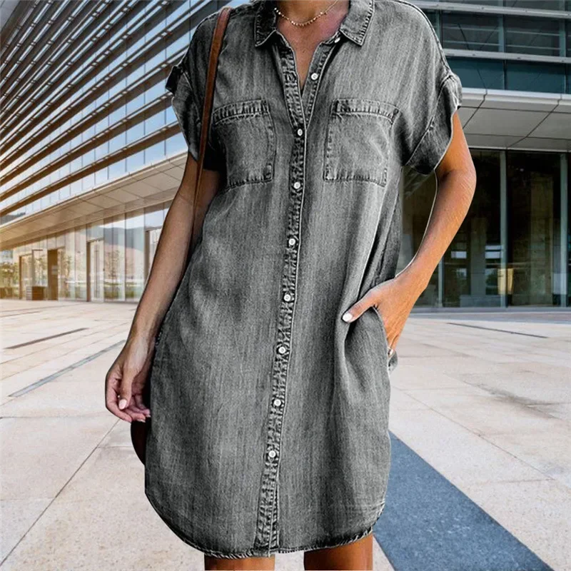 Dames Denim Shirt Jurken Korte Mouwen Distressed Jean Dress Button Down Casual Mode Tuniek Top