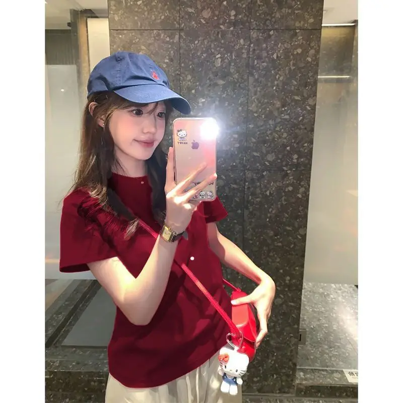 تي شيرت نسائي أنيق بأكمام قصيرة من القطن الخالص، تصميم فريد وعصري لفصل الصيف، جودة عالية، قطن كوري الطراز بقصة مستقيمة