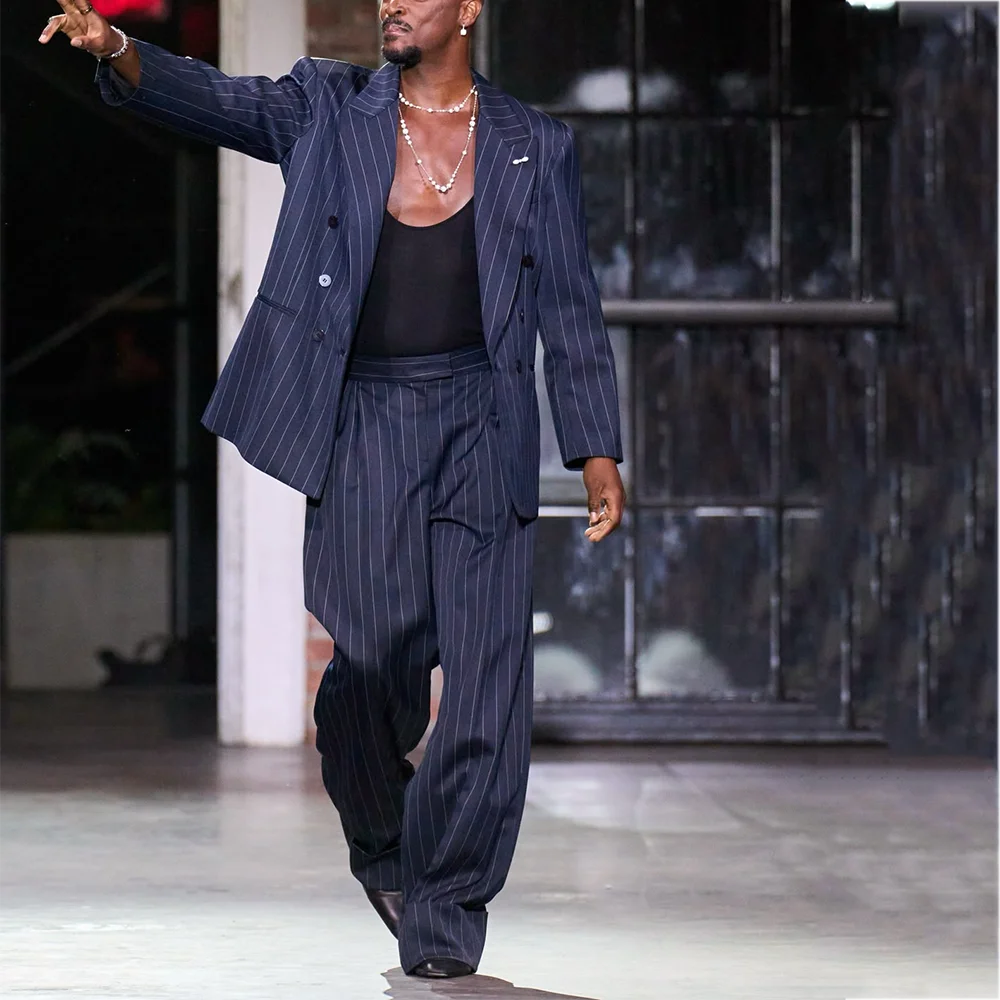 

Casual Loose Striped Men Suit Two Pieces Stylish Peaked Lapel Male Outfit Double Breasted New Autumn Business Office Man Set