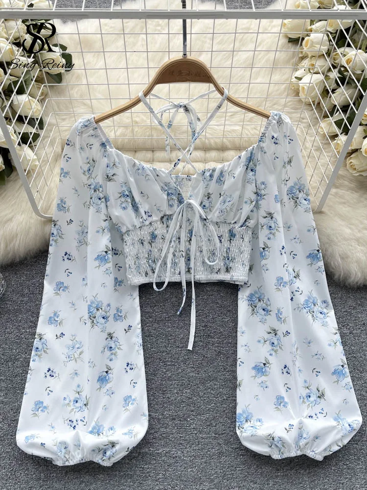 SINGREINY Summer French Style Print Short Blouse 2024 Long Sleeves Elastic Beach Top Women Fashion Backless Ruched Floral Blouse