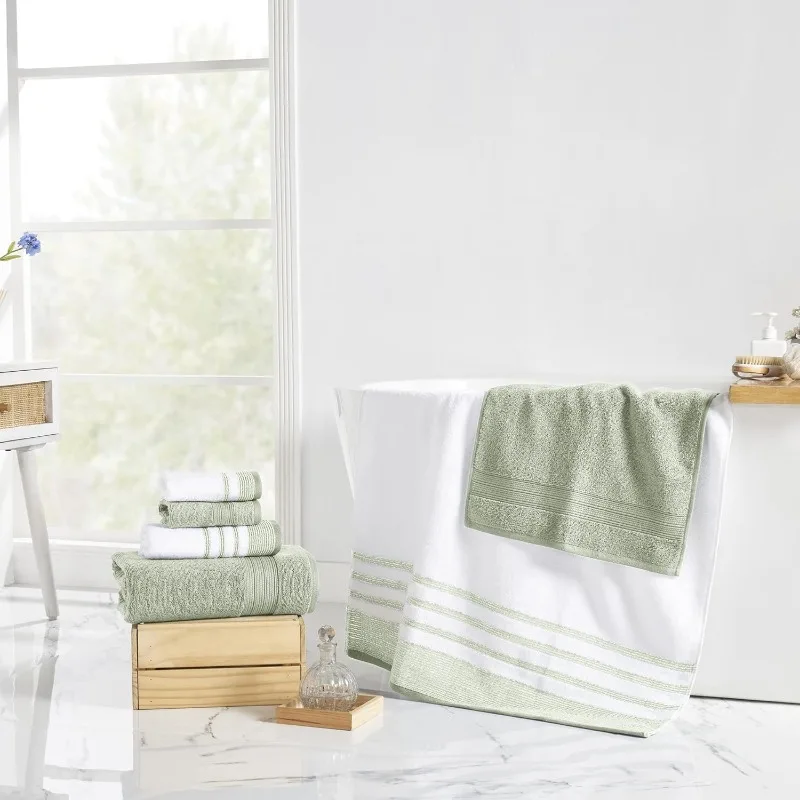 6 Piece Set, 2 Bath Towels, 2 Hand Towels, 2 Washcloths, Quick Dry White/Contrast Reinhart Sage