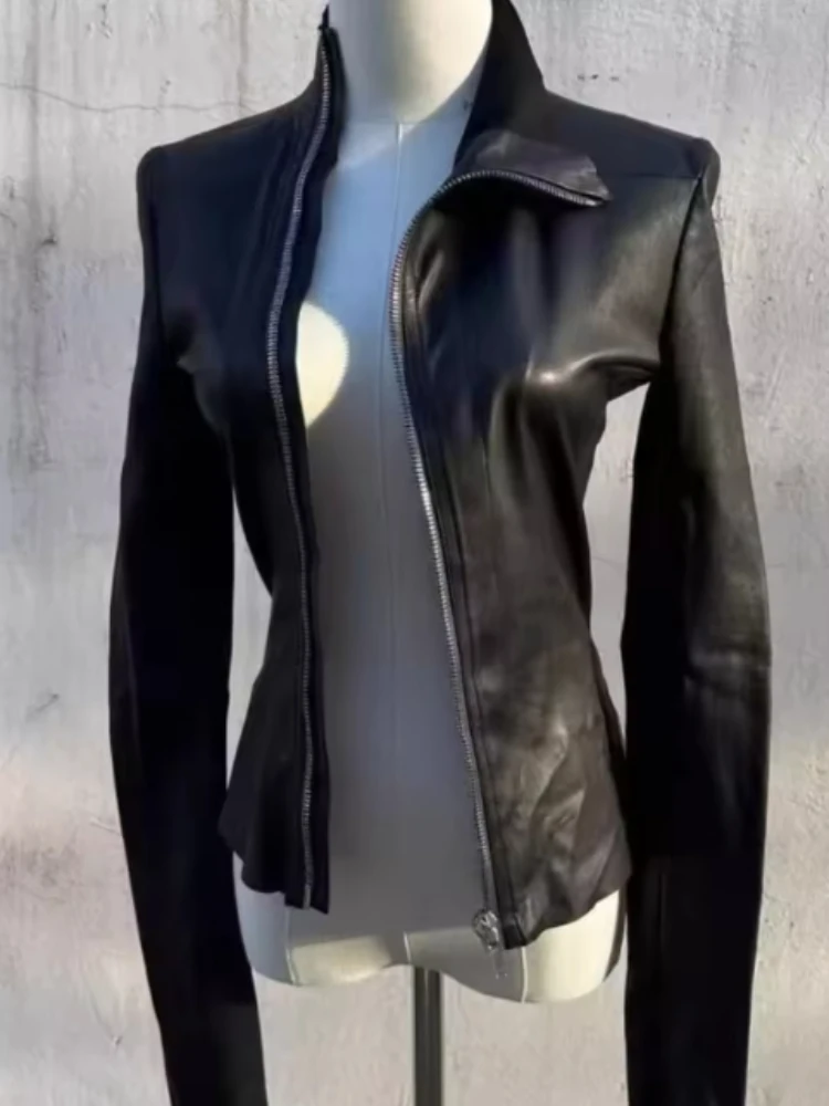 

Vintage Spicy Girl Black Long Sleeve Leather Jacket Women Darkly Gothic Zipper Black Slim Coat Female Hepburn Y2k Retro Clothing