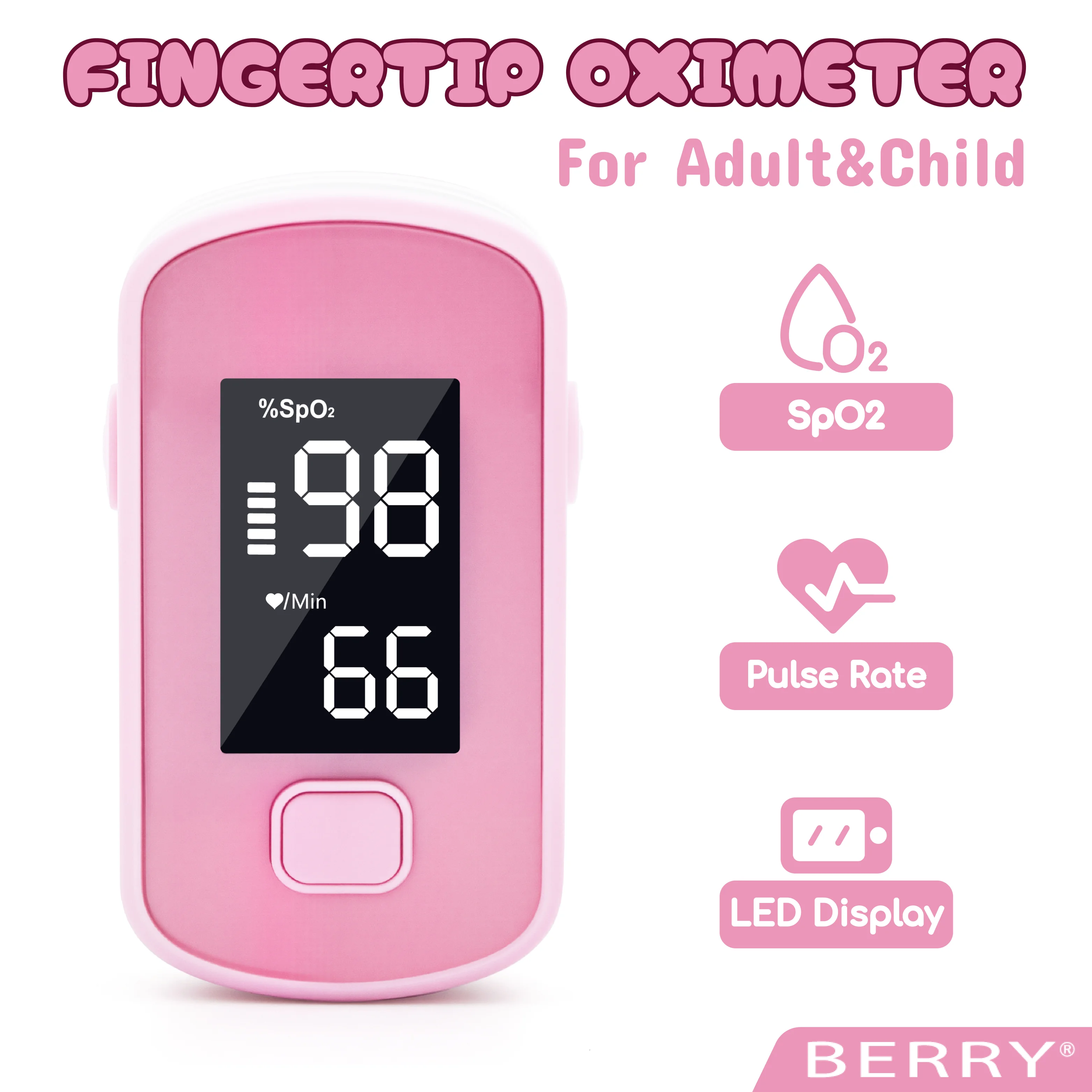 

BERRY BM1000E Fingertip Pulse Oximeter Pink Portable Oximetro with Large LED Display Auto-Off Fast & Accurate Fingertip Monitor