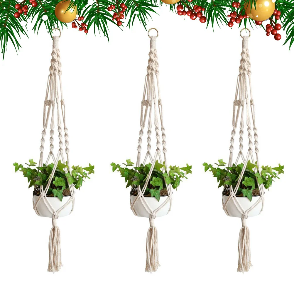 

3Pcs Hand Knitted Cotton Plant Net Bag Hanging String Basket for Home Garden Decoration Space Saving Wall Mounted Flowerpot