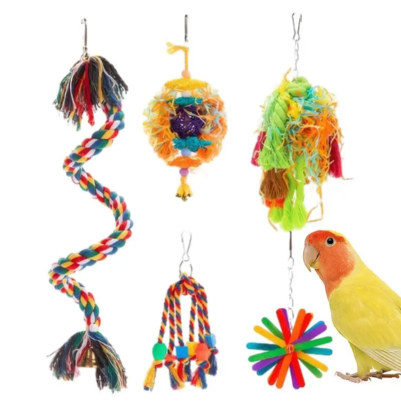 5pcs/Set Parrot Chew Toys Bird Toys For Cage Cotton Rope Rattan Ball Colorful Shredded Paper For Cockatiels Budgie Finch