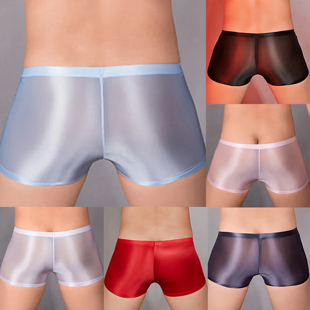 Sexy Men Glossy Boxer Briefs Oil Shiny Panties Smooth Boxershorts Men Low Rise Bikini Underwear Shorts U Convex Pouch Hides JJ