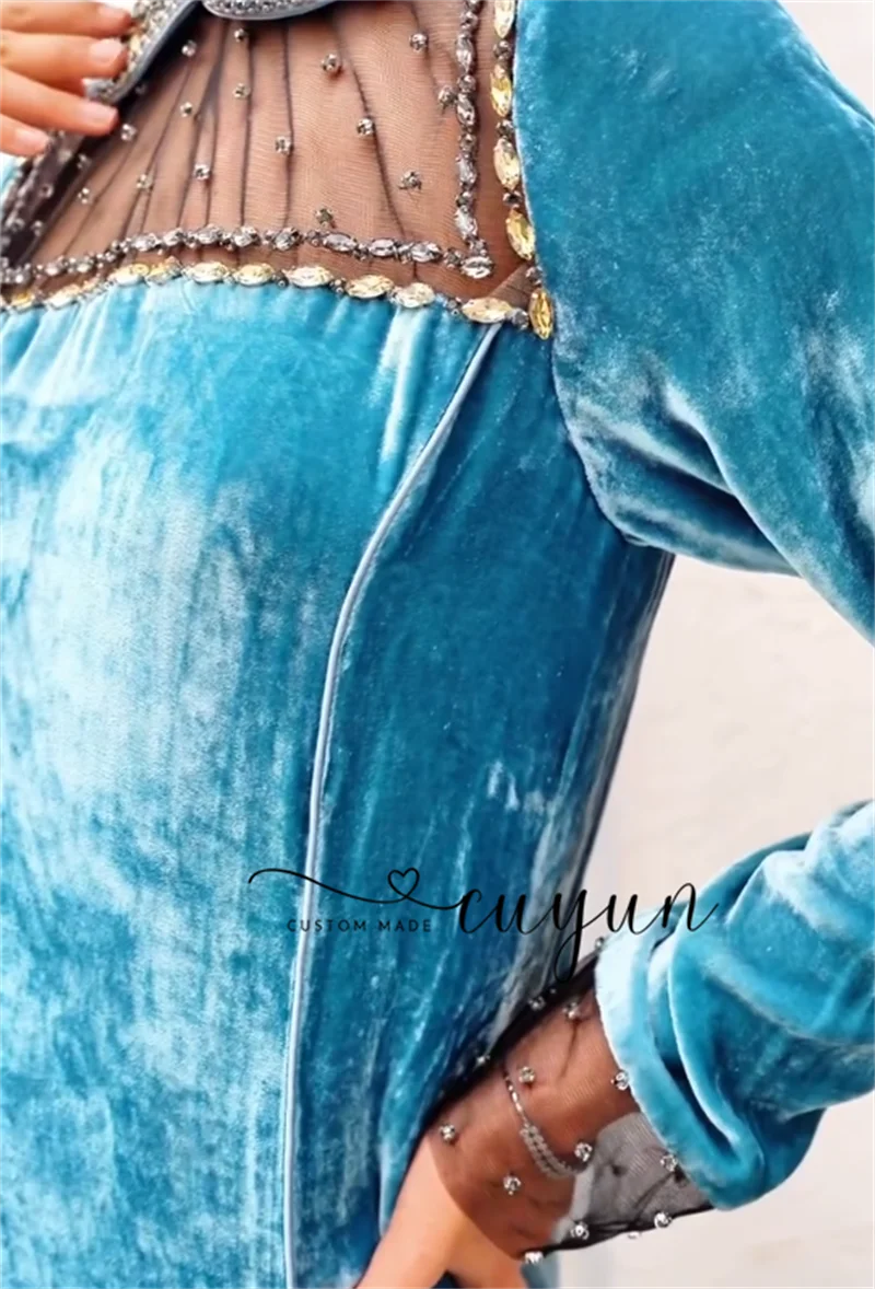 CUYUN Customized Blue Velvet Luxury Evening Gown with Beading