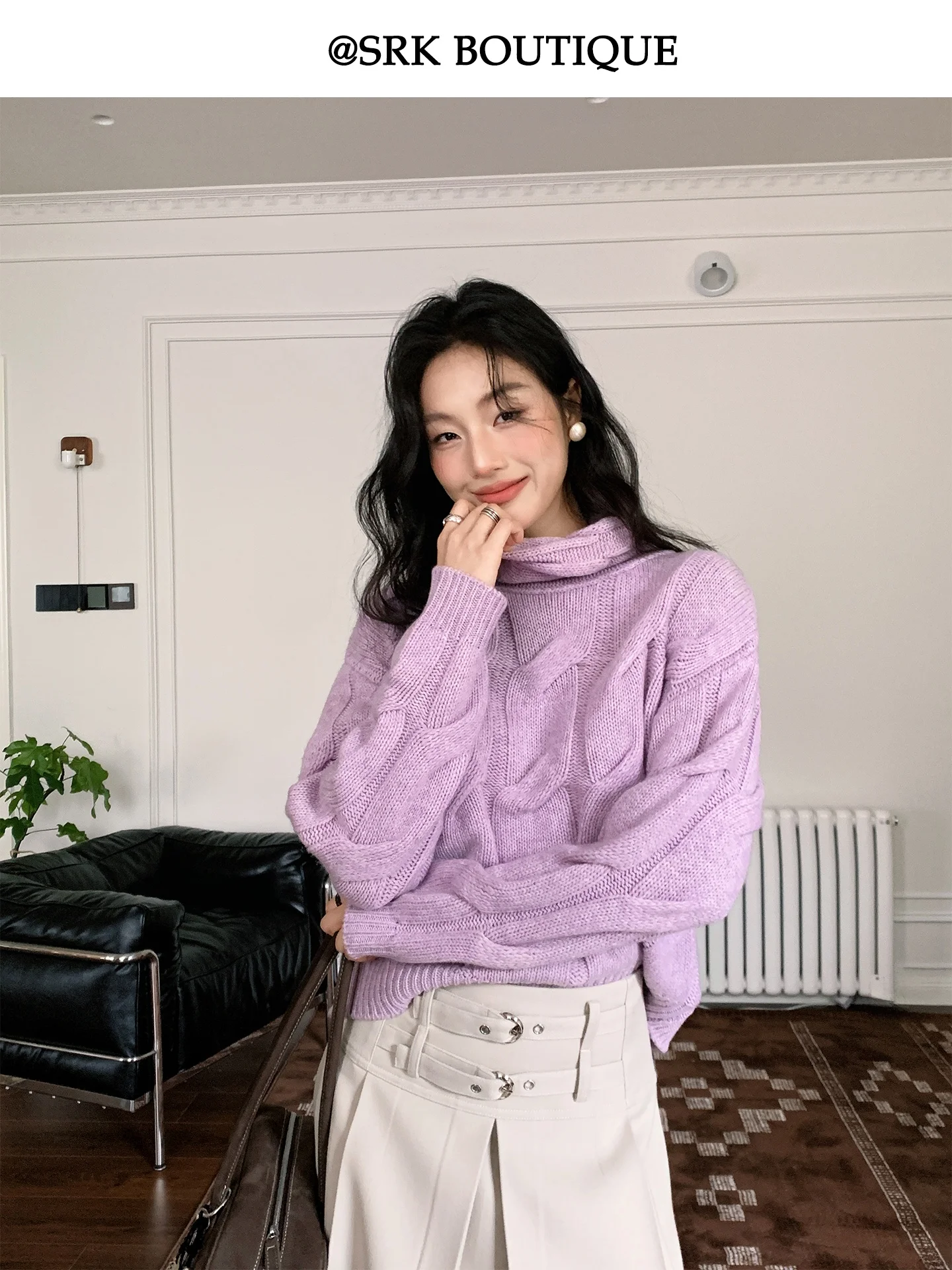 

SRK Women's Knitted Long Sve Woolen Sweater Loose Faion Lazy Sle Twist Yarn High Collar Warmth Autumn Winter Top