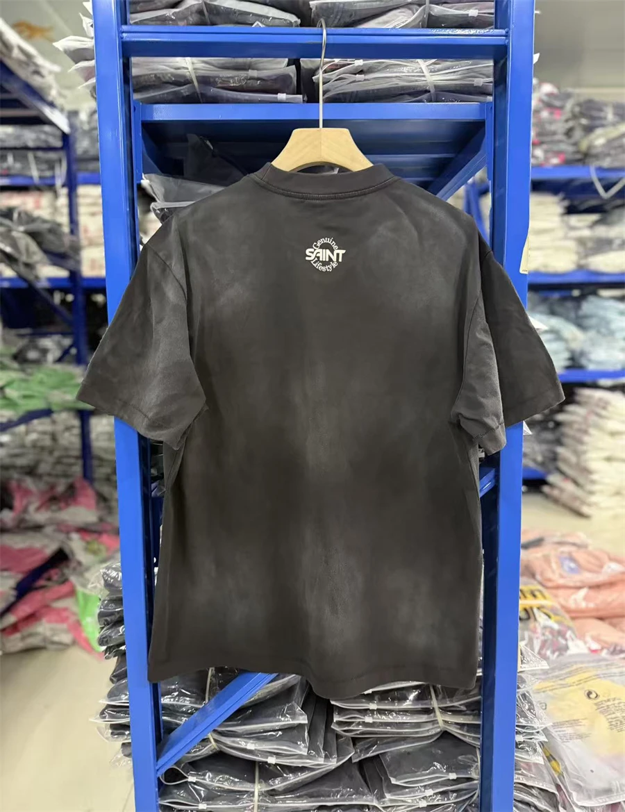 SAINT Mx6 3D Font Printed Round Neck Washed Versatile Fashion Short Sleeve High Street Vintage Casual Cotton Sports T-shirt Men