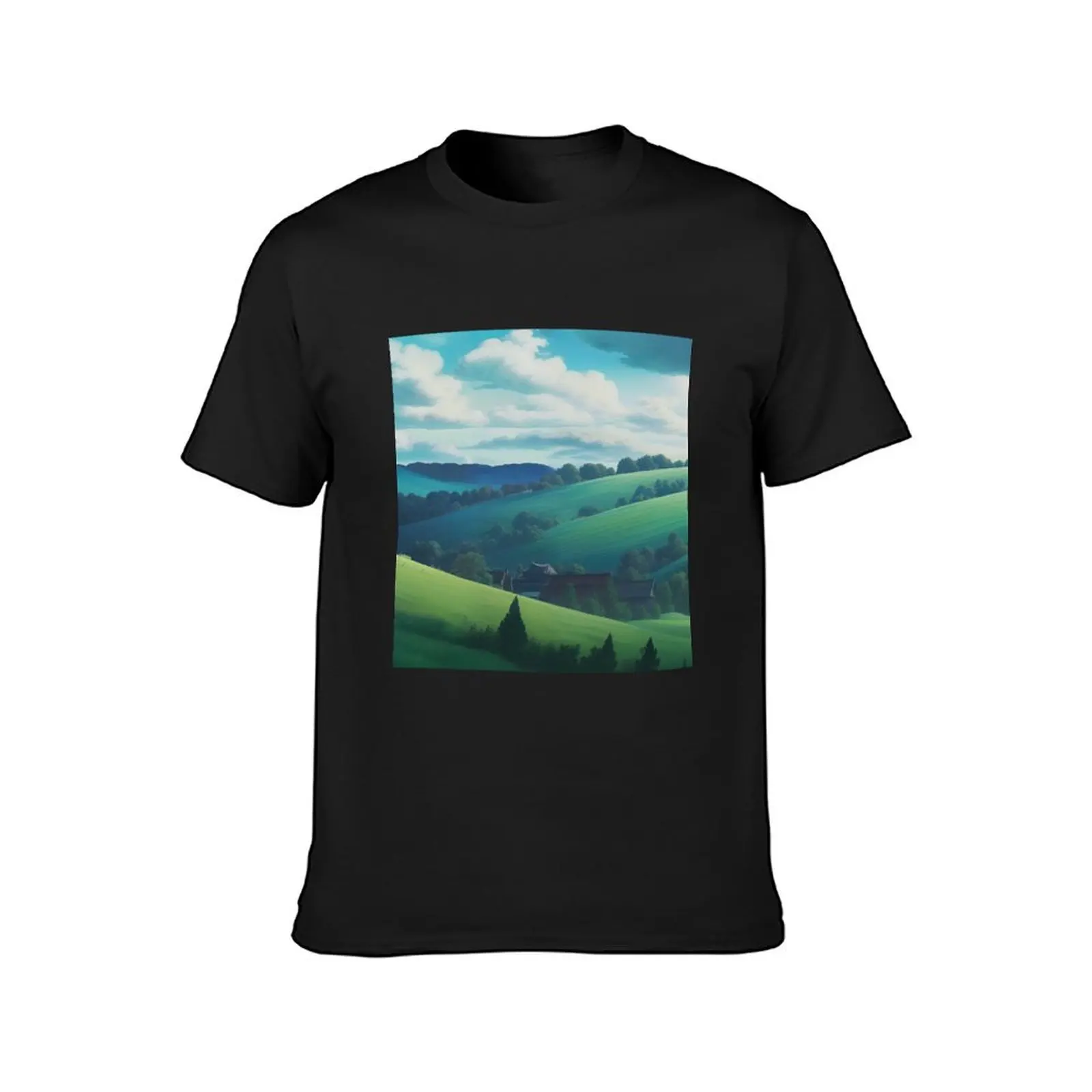 Ghibli Style Green Hills T-Shirt anime clothes Aesthetic clothing funny t shirts for men