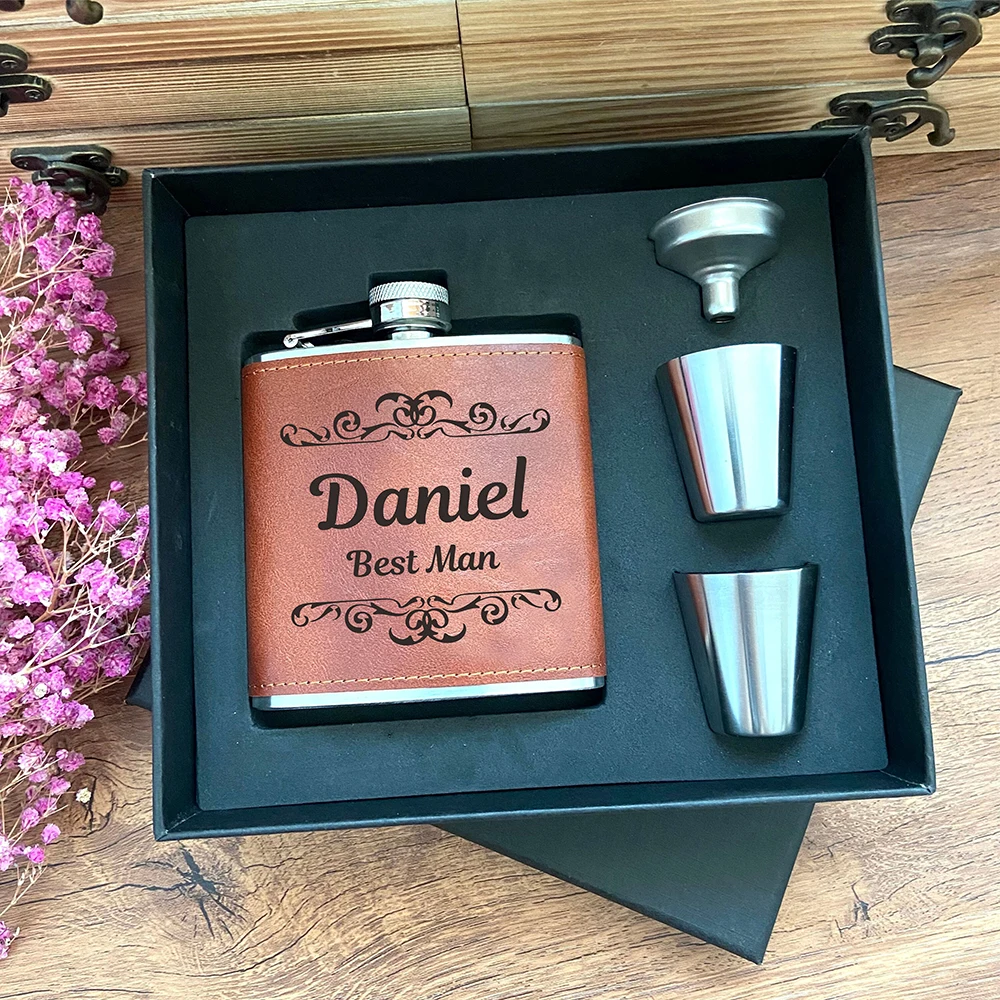 Personalized Leather Hip Flask, Customized Logo, Stainless Steel, Best Man Groom Gift, Wedding Favors, 6oz