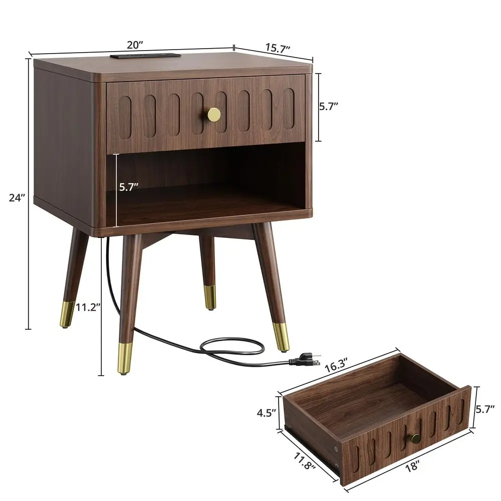 

Nightstand with Charging Station, Fluted Night Stand Set of 2Bed Side Table with DrawerOpen Shelf and Sturdy MetalCapped Legs,
