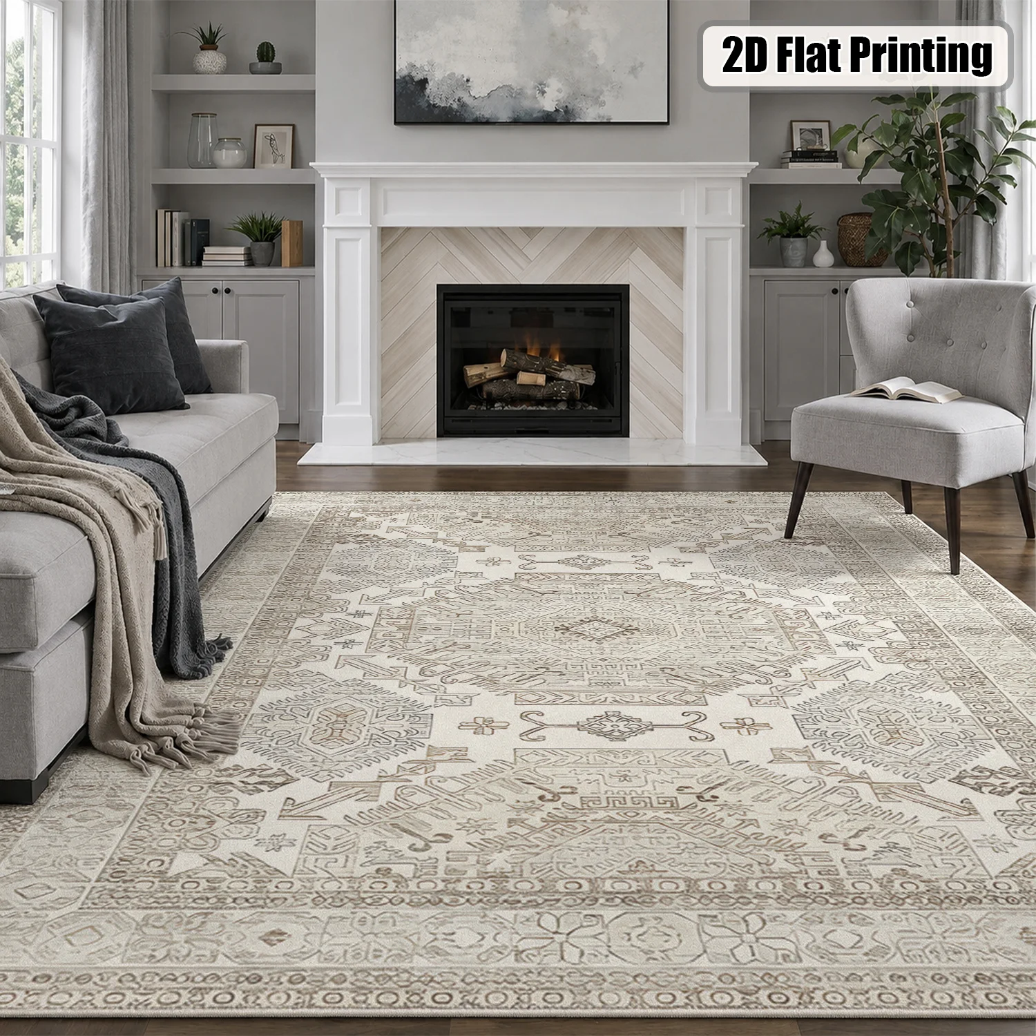 Large Indoor Area Rug, Soft Velvet Low Pile with Non-slip Dotted Backing, Machine Washable Vintage Tribal Geometric Neutral Beige Gray Rug for Living Room Bedroom - view 5