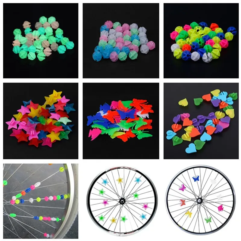 26/36 pces segurança colorida crianças clipe bicicleta redonda multi-cor amor coração estrelas roda acessórios da bicicleta decoração grânulo falou